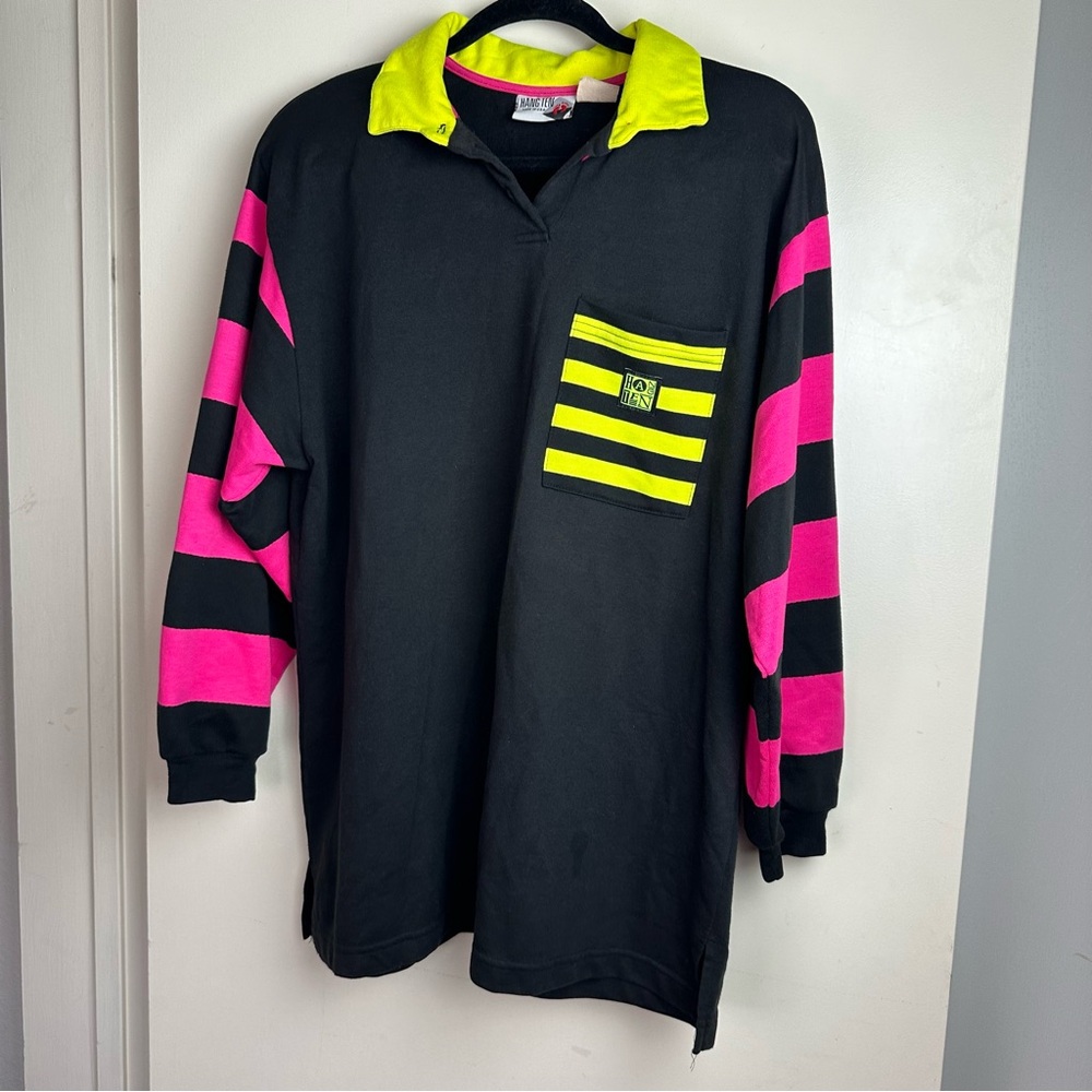 HangTen Black Neon Yellow & Pink Vintage80’/90’s?Striped Long Sleeve Shirt L-XL?